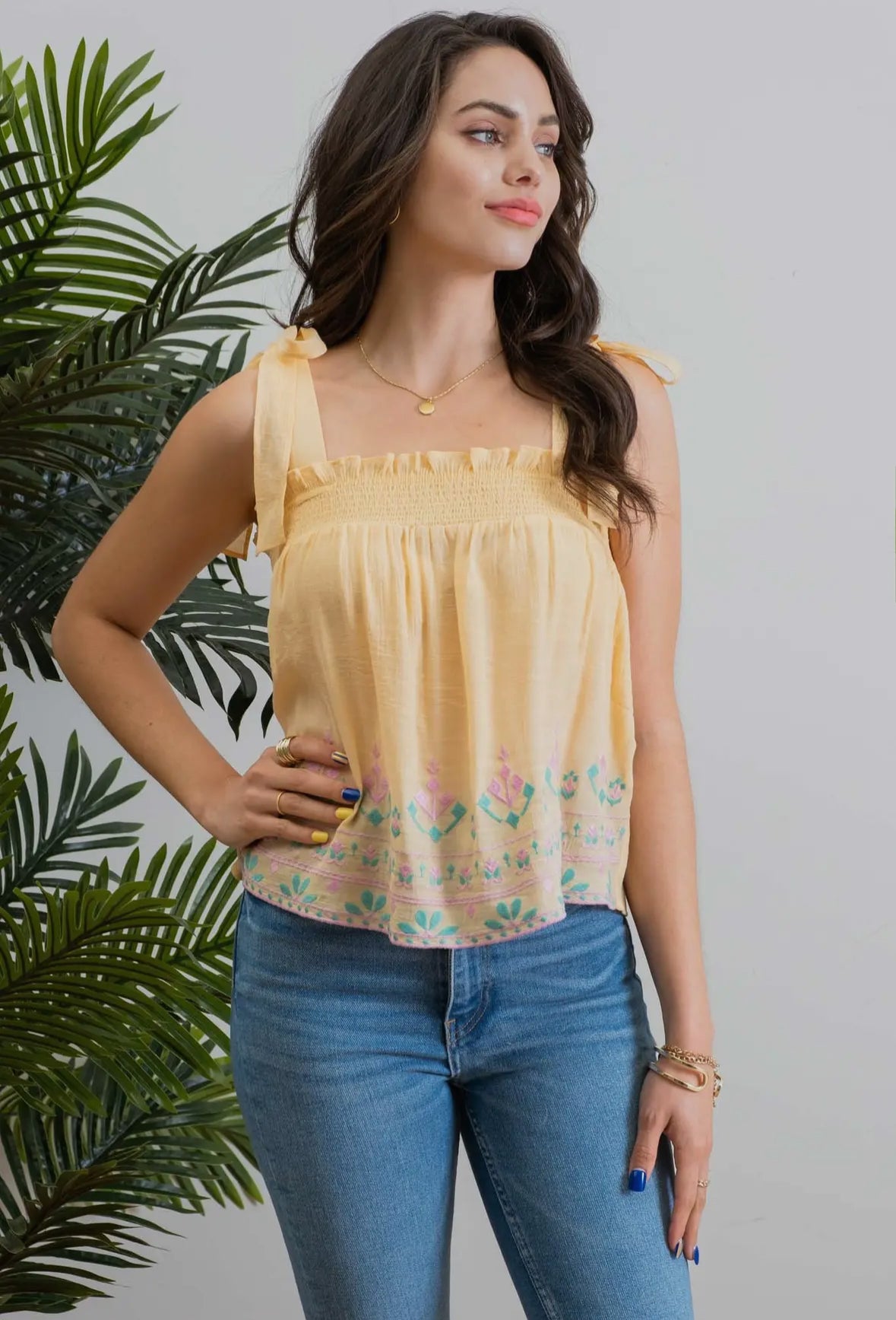 Yellow Smock Embroidered Tank Top