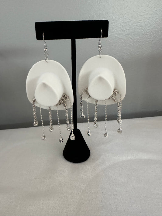 White Cowgirl Hat Rhinestone Earrings