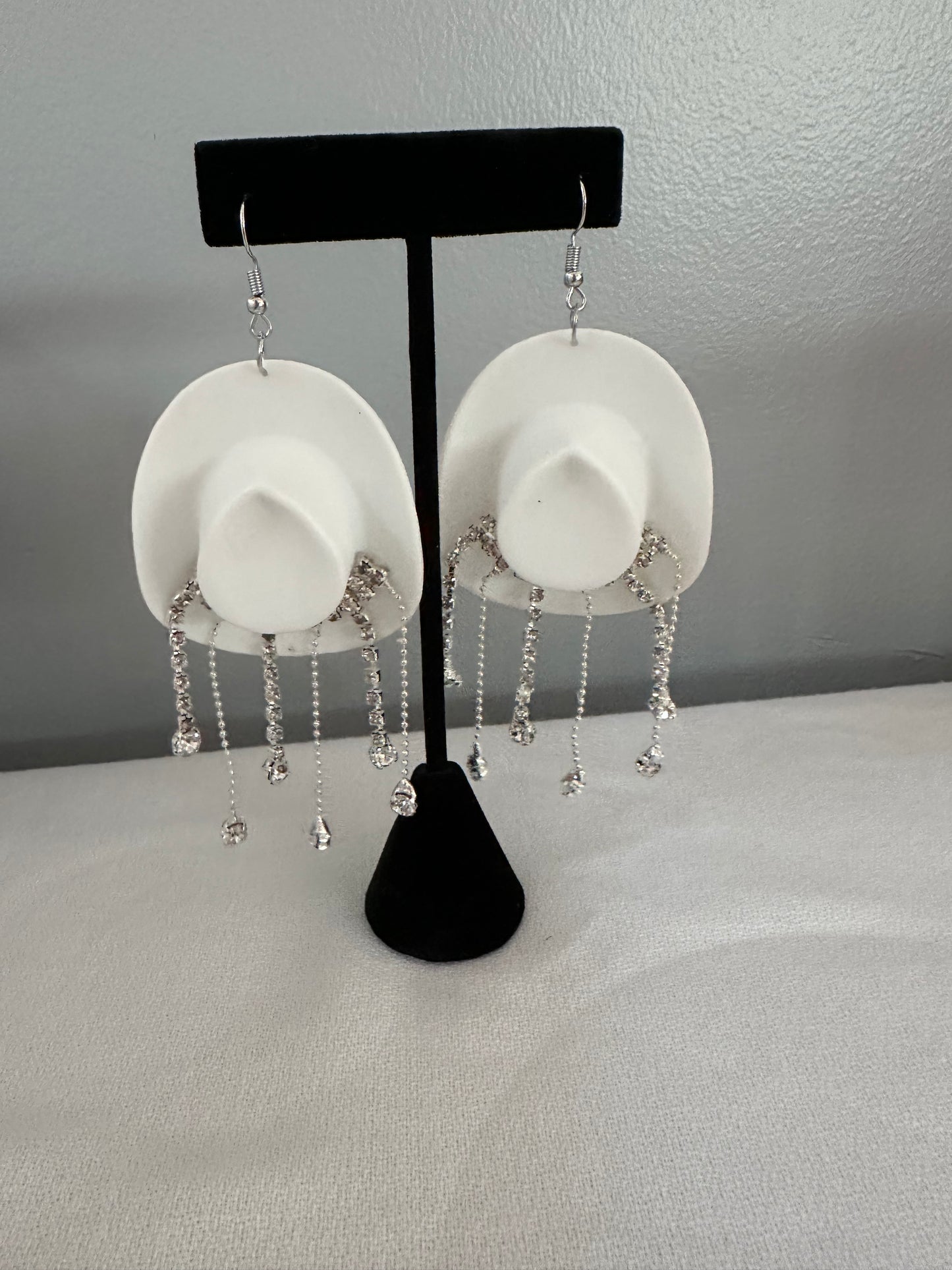 White Cowgirl Hat Rhinestone Earrings