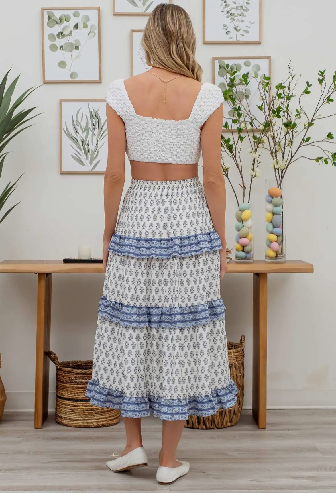 Blue & White Ruffle Midi Skirt